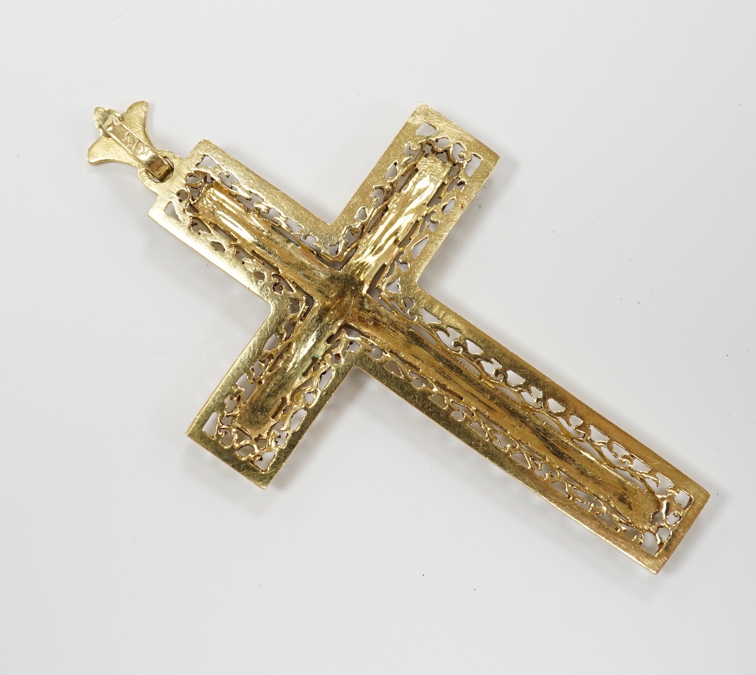 An 18k yellow metal and blue enamel set cross pendant, 6cm, gross weight 11.1 grams.